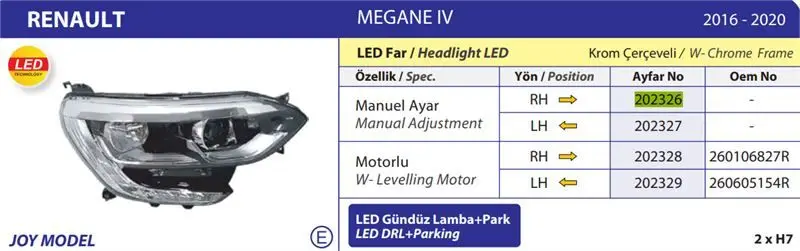 Renault Megane 4 Joy Model Ledli Krom Çerçeveli (16-20) Motorlu Sağ Far